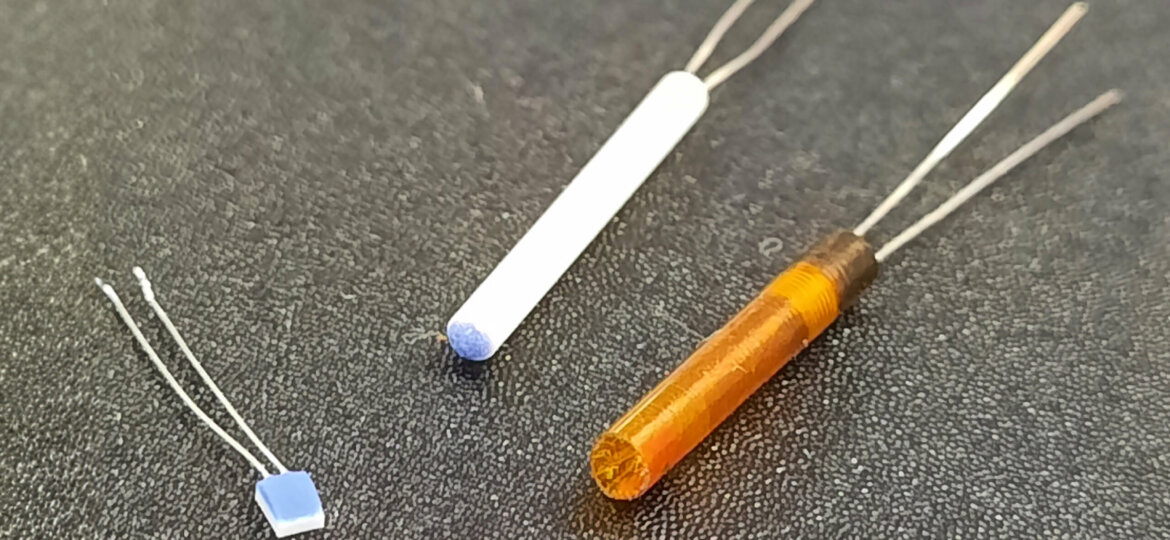 Thin film RTD elements, such as the one shown at left, are usually platinum on a ceramic substrate material but can also be available in Nickel. In the wire-wound type of RTD, shown in middle and at right, the element is comprised of a small coil of ultra-thin wire and is housed inside a ceramic or glass tube.